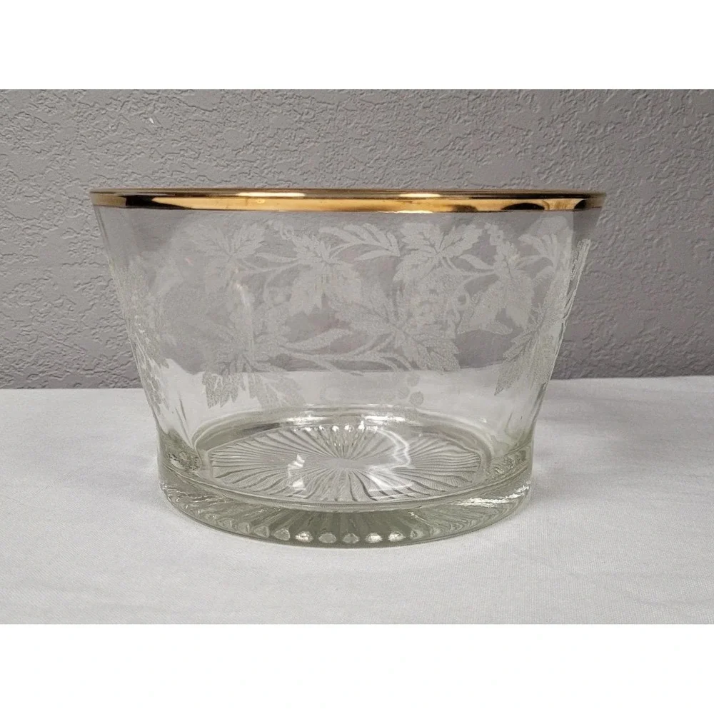 Bartlett-Collins Etched Glass Bowl Ice Bucket Golden Grapes Vintage 1940s
